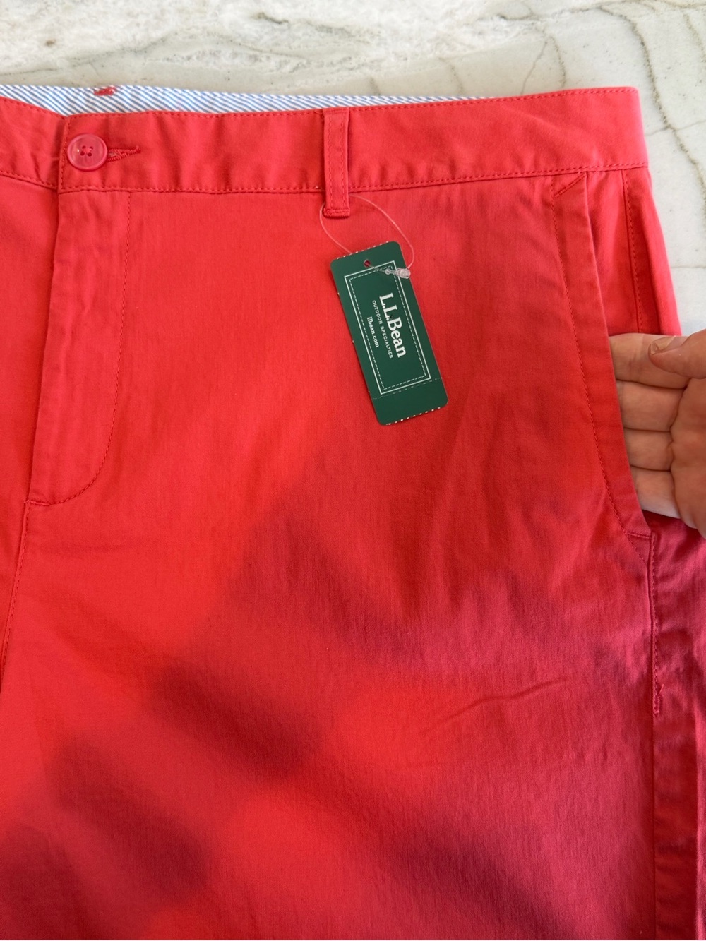 L.L. BEAN Favorite Fit Washed Cotton Chino Shorts Coral Red Sea Rose Size 18 NWT - Picture 10 of 16